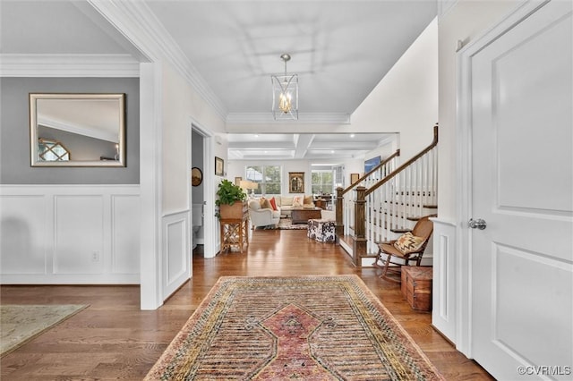5154 Lake Summer Loop, Moseley, VA 23120 - foyer entrance featuring a decorative wall, coffered ceiling, beam ceiling, stairs, and crown molding