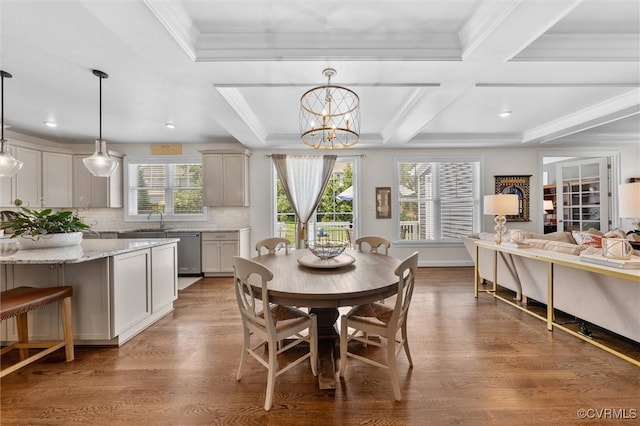 5154 Lake Summer Loop, Moseley, VA 23120 - dining area with a chandelier, wood finished floors, coffered ceiling, beam ceiling, and ornamental molding