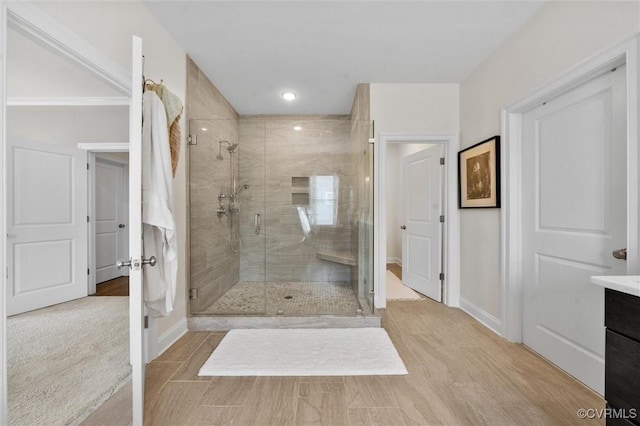5154 Lake Summer Loop, Moseley, VA 23120 - bathroom featuring a stall shower, vanity, and recessed lighting
