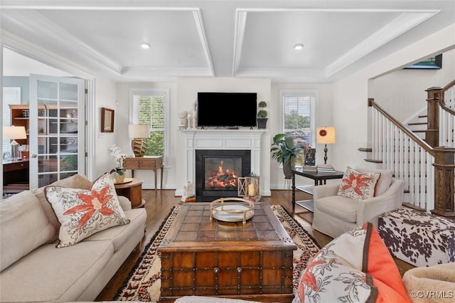 5154 Lake Summer Loop, Moseley, VA 23120 - living area featuring wood finished floors, a glass covered fireplace, stairs, and recessed lighting