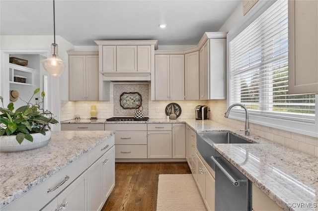 5154 Lake Summer Loop, Moseley, VA 23120 - kitchen with stainless steel dishwasher, pendant lighting, tasteful backsplash, dark wood-style floors, and recessed lighting