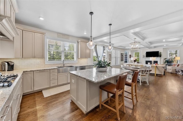 5154 Lake Summer Loop, Moseley, VA 23120 - kitchen with open floor plan, stainless steel appliances, dark wood-type flooring, decorative backsplash, and recessed lighting