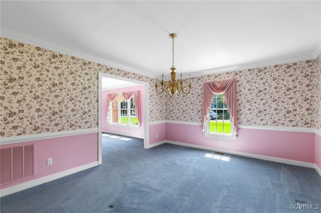 4410 Sharonridge Dr, North Chesterfield, VA 23236 - unfurnished room featuring crown molding, a chandelier, wallpapered walls, and carpet