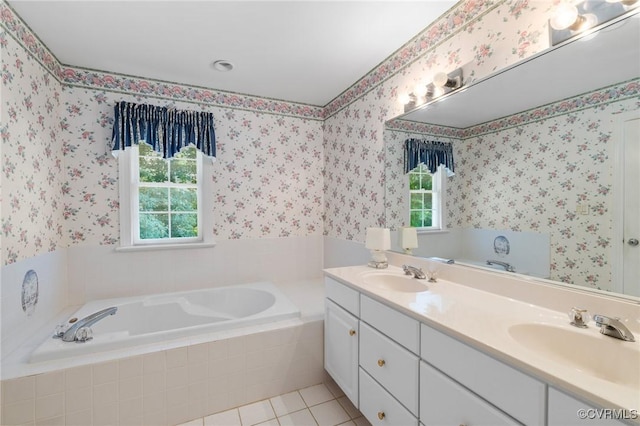 4410 Sharonridge Dr, North Chesterfield, VA 23236 - bathroom with a bath, double vanity, tile patterned flooring, and wallpapered walls