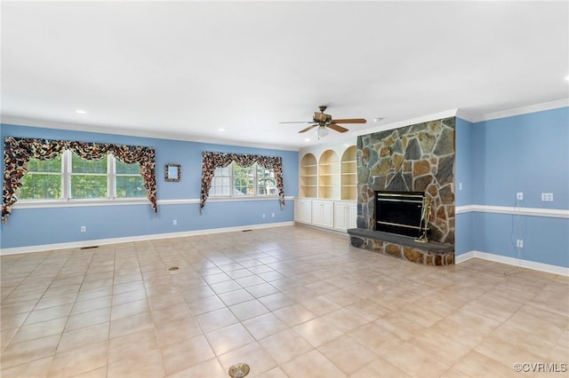 4410 Sharonridge Dr, North Chesterfield, VA 23236 - unfurnished living room featuring crown molding, ceiling fan, a stone fireplace, built in features, and tile patterned floors