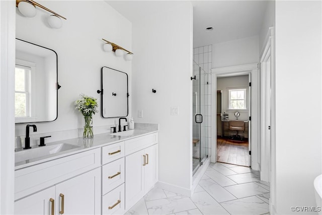 3013 Swanns Inn Cres, Goochland, VA 23063 - bathroom with a stall shower, double vanity, marble finish floors, and a soaking tub