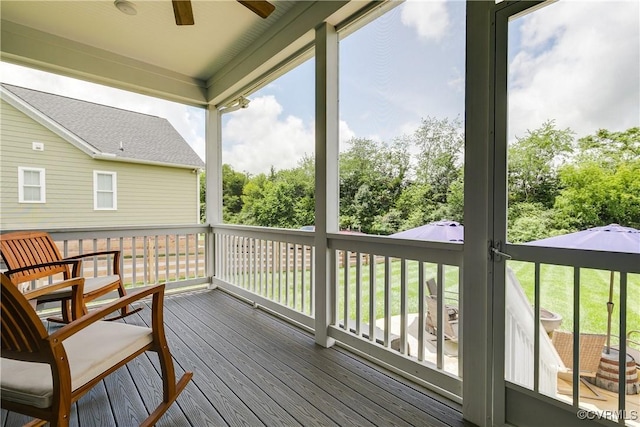 3013 Swanns Inn Cres, Goochland, VA 23063 - deck with ceiling fan and view of wooded area