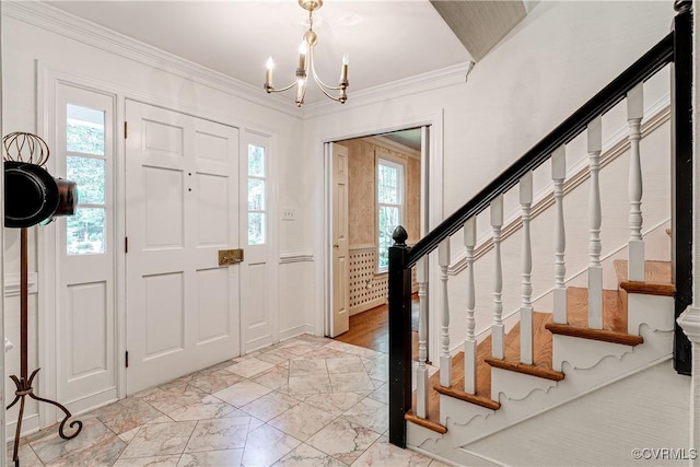 12103 Wexwood Pl, North Chesterfield, VA 23236 - foyer with stairs, a chandelier, light marble finish flooring, and ornamental molding