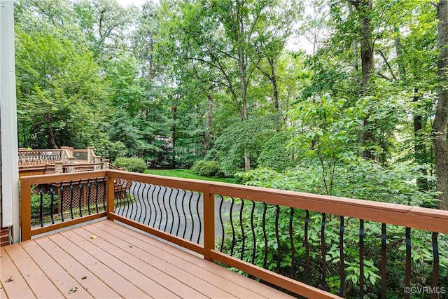 12103 Wexwood Pl, North Chesterfield, VA 23236 - wooden deck with a wooded view