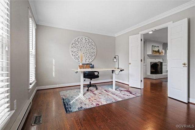 2801 Aspinwald Dr, Henrico, VA 23233 - office area featuring ornamental molding, a baseboard heating unit, wood finished floors, and a fireplace with raised hearth