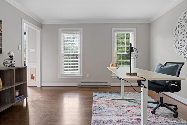 2801 Aspinwald Dr, Henrico, VA 23233 - office area featuring a baseboard radiator, wood finished floors, and crown molding
