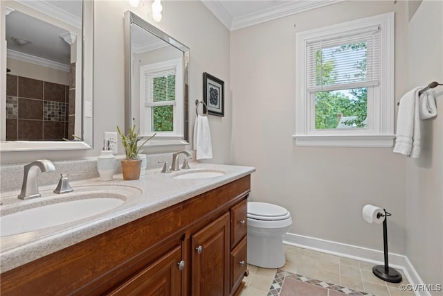 2801 Aspinwald Dr, Henrico, VA 23233 - bathroom with double vanity, tiled shower, crown molding, and tile patterned floors