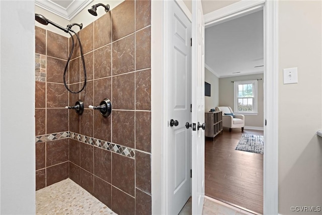 2801 Aspinwald Dr, Henrico, VA 23233 - full bathroom featuring crown molding, tiled shower, and wood finished floors