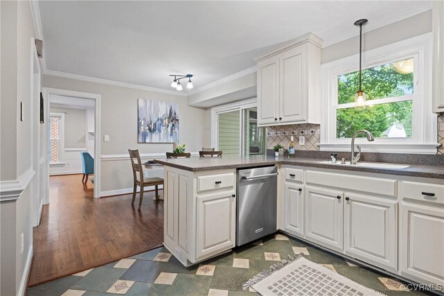 2801 Aspinwald Dr, Henrico, VA 23233 - kitchen featuring stainless steel dishwasher, dark countertops, white cabinets, a peninsula, and backsplash