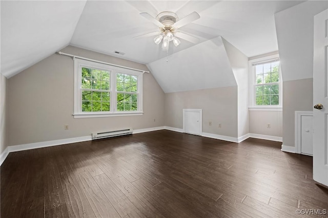 2801 Aspinwald Dr, Henrico, VA 23233 - additional living space featuring a baseboard heating unit, dark wood-style floors, ceiling fan, and lofted ceiling