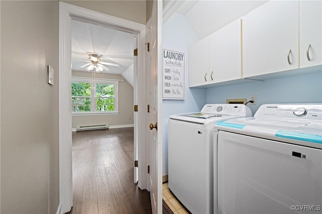 2801 Aspinwald Dr, Henrico, VA 23233 - laundry area featuring cabinet space, washing machine and dryer, a baseboard radiator, and a ceiling fan