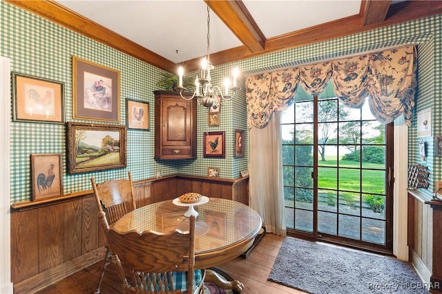 985 Kingston Ln, North, VA 23128 - dining space with a chandelier, beam ceiling, wallpapered walls, wood finished floors, and ornamental molding