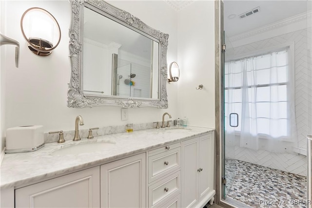 985 Kingston Ln, North, VA 23128 - full bathroom featuring a stall shower, double vanity, plenty of natural light, and crown molding