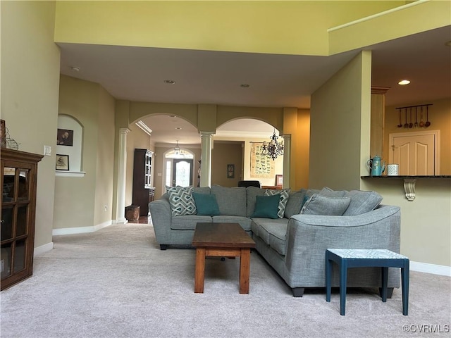 5623 Virginia Park Dr, Providence Forge, VA 23140 - living room with decorative columns, arched walkways, carpet flooring, and recessed lighting
