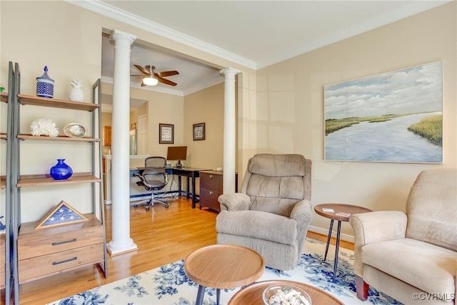8750 Springwater Dr, Henrico, VA 23228 - sitting room featuring ornate columns, a desk, wood finished floors, crown molding, and ceiling fan