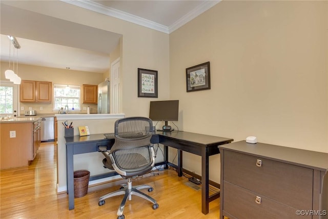 8750 Springwater Dr, Henrico, VA 23228 - office area with light wood-style flooring and crown molding