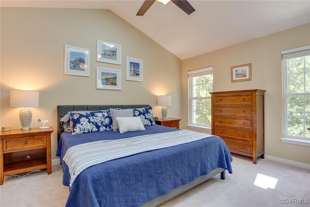 8750 Springwater Dr, Henrico, VA 23228 - bedroom with light carpet, multiple windows, vaulted ceiling, and a ceiling fan