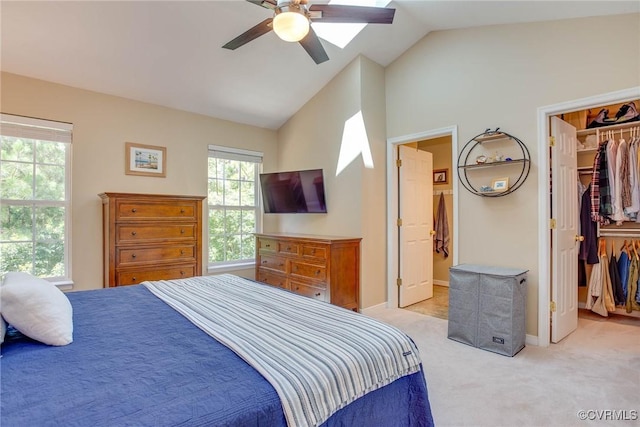 8750 Springwater Dr, Henrico, VA 23228 - bedroom featuring a spacious closet, lofted ceiling, light carpet, and ceiling fan
