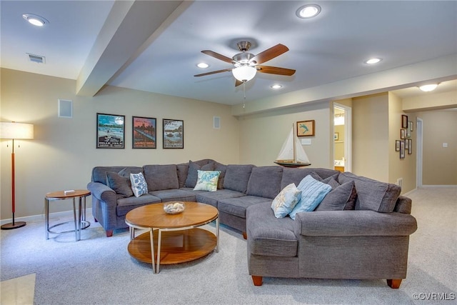 8750 Springwater Dr, Henrico, VA 23228 - carpeted living area featuring recessed lighting, ceiling fan, and beam ceiling