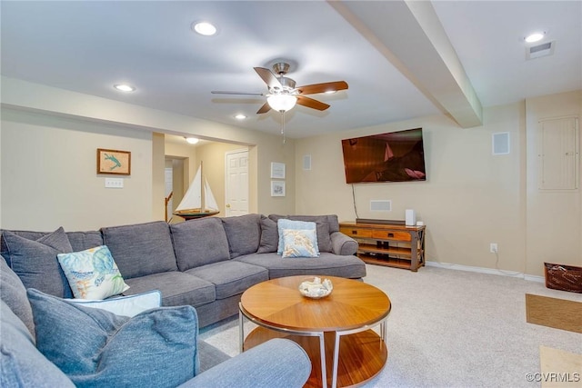 8750 Springwater Dr, Henrico, VA 23228 - living area featuring light colored carpet, a ceiling fan, and recessed lighting