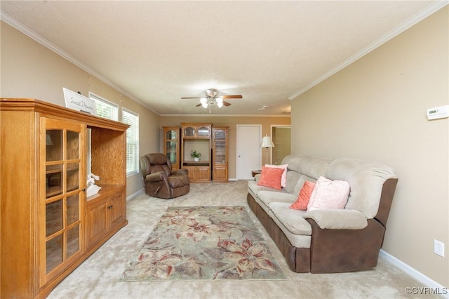 3737 Shelton Store Rd, Buckingham, VA 23921 - living room featuring light colored carpet, crown molding, and ceiling fan