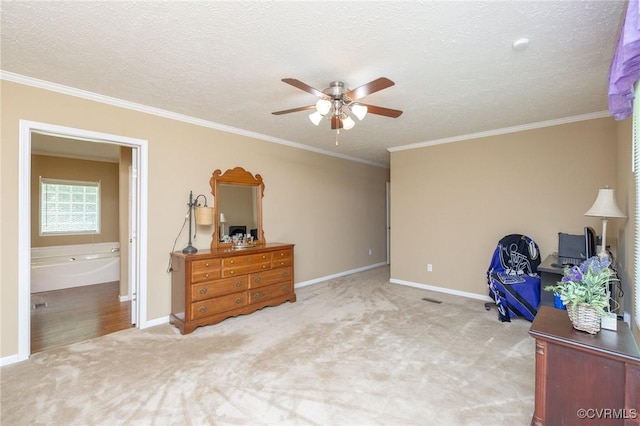 3737 Shelton Store Rd, Buckingham, VA 23921 - living area with a ceiling fan, light carpet, crown molding, and a textured ceiling