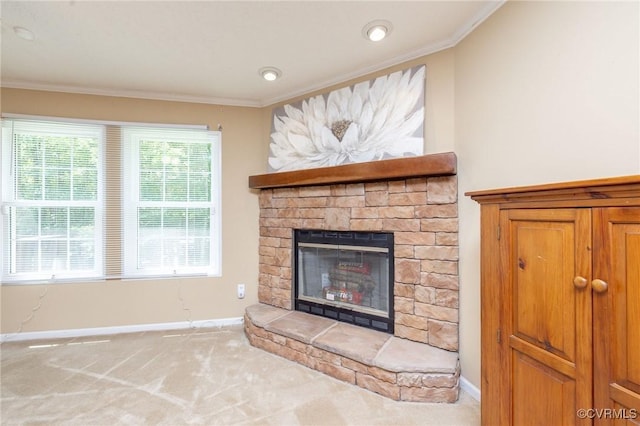 3737 Shelton Store Rd, Buckingham, VA 23921 - detailed view of a stone fireplace, crown molding, and carpet flooring