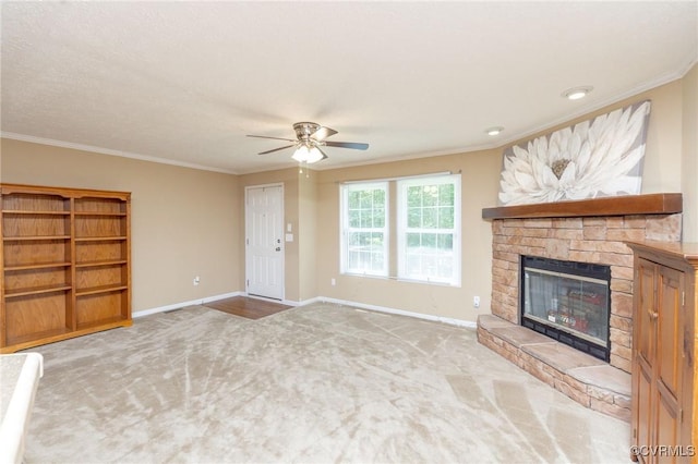 3737 Shelton Store Rd, Buckingham, VA 23921 - unfurnished living room with carpet, crown molding, a ceiling fan, and a stone fireplace