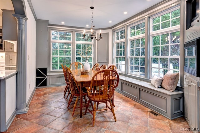 99 Walnut Hills Dr, Williamsburg, VA 23185 - dining space featuring ornamental molding, a chandelier, ornate columns, and recessed lighting