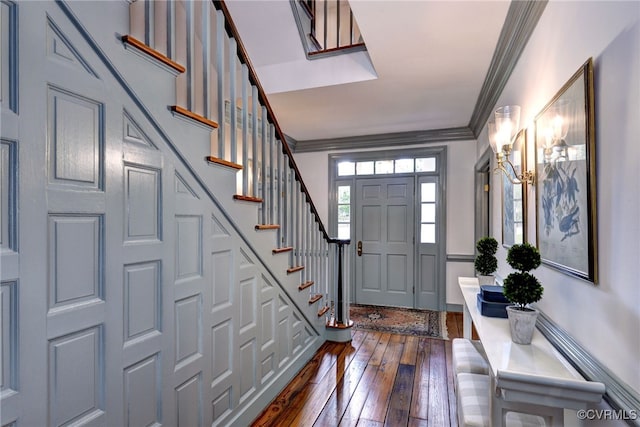 99 Walnut Hills Dr, Williamsburg, VA 23185 - foyer entrance with ornamental molding, dark wood-style flooring, and stairs