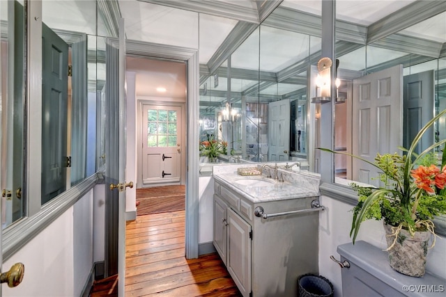99 Walnut Hills Dr, Williamsburg, VA 23185 - bathroom with hardwood / wood-style floors, vanity, coffered ceiling, and beamed ceiling