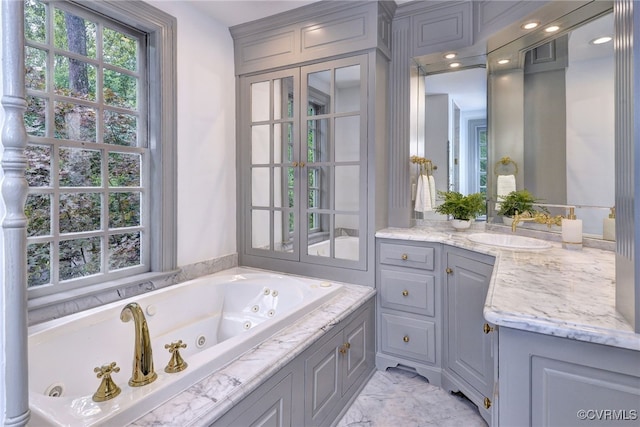 99 Walnut Hills Dr, Williamsburg, VA 23185 - full bathroom with vanity, a tub with jets, and marble finish flooring