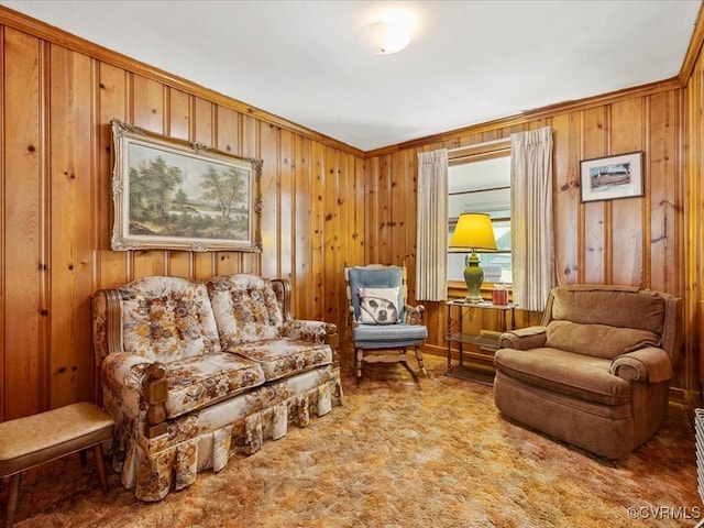 5913 Ridge Rd, Henrico, VA 23227 - living area featuring wood walls, carpet flooring, and crown molding