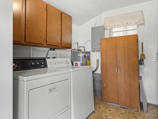 5913 Ridge Rd, Henrico, VA 23227 - washroom featuring electric water heater, cabinet space, electric panel, washer and clothes dryer, and light flooring