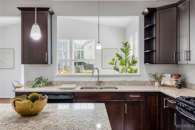 8838 Rushbrooke Ln, Mechanicsville, VA 23116 - kitchen featuring dark brown cabinetry, open shelves, light stone counters, pendant lighting, and gas stove