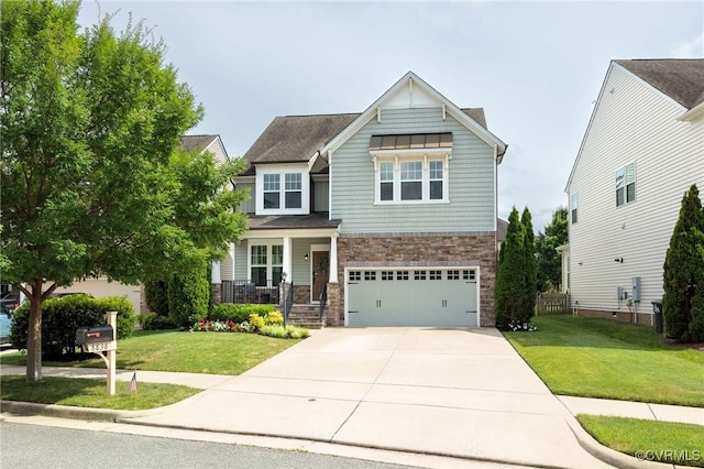 8838 Rushbrooke Ln, Mechanicsville, VA 23116 - craftsman-style home with stone siding, driveway, a garage, and a front lawn
