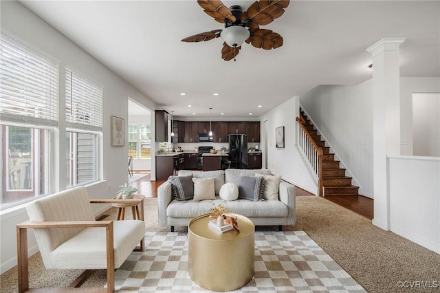 8838 Rushbrooke Ln, Mechanicsville, VA 23116 - living area with ceiling fan, stairs, recessed lighting, and light colored carpet