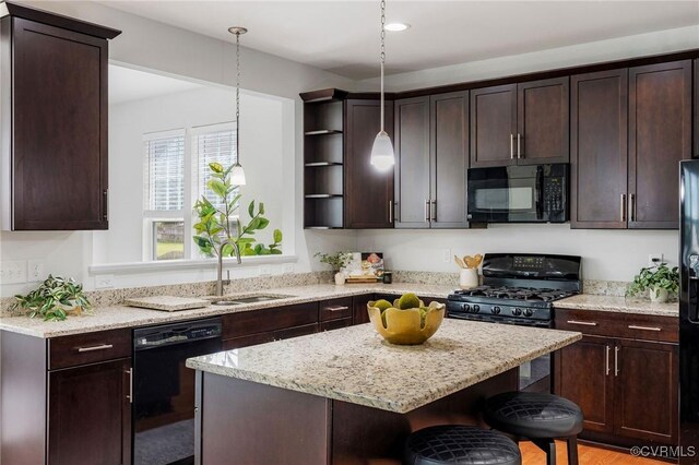 8838 Rushbrooke Ln, Mechanicsville, VA 23116 - kitchen with black appliances, open shelves, and dark brown cabinetry