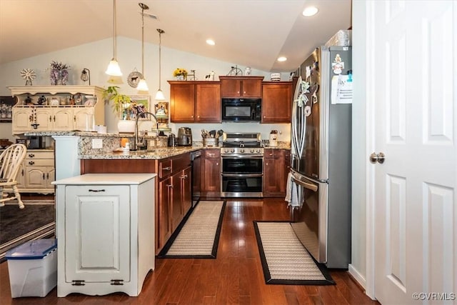 696 Anne Ln, Aylett, VA 23009 - kitchen featuring stainless steel appliances, a peninsula, lofted ceiling, dark wood finished floors, and hanging light fixtures