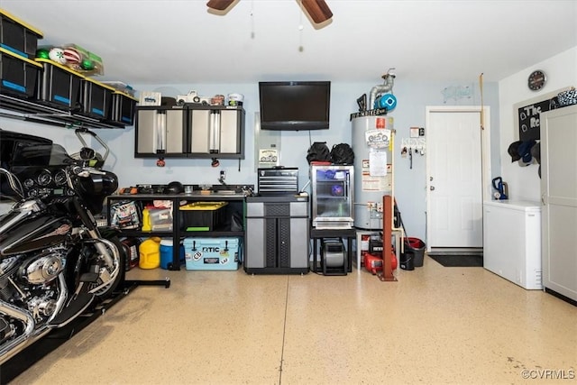 696 Anne Ln, Aylett, VA 23009 - garage featuring gas water heater and a ceiling fan