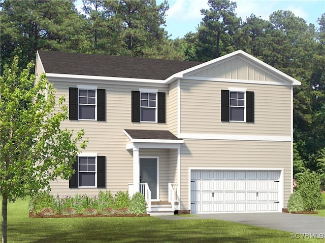 3417 Marwick Pl, Richmond, VA 23234 - view of front facade with an attached garage, a front yard, concrete driveway, a shingled roof, and board and batten siding