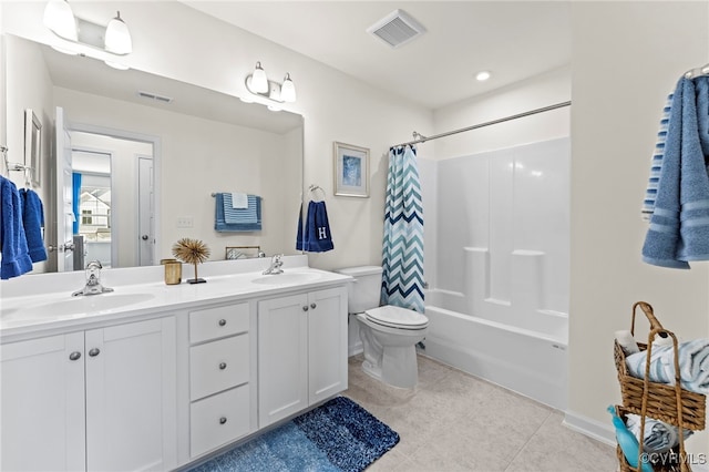 3417 Marwick Pl, Richmond, VA 23234 - bathroom with double vanity, shower / bathtub combination with curtain, and tile patterned floors