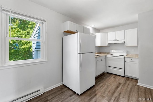 1110 Pine Ave, Hopewell, VA 23860 - kitchen with white appliances, baseboard heating, under cabinet range hood, dark wood finished floors, and light countertops