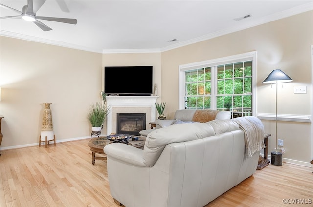 138 Carriage Point Ln, Glen Allen, VA 23059 - living area featuring a ceiling fan, crown molding, wood finished floors, and a glass covered fireplace