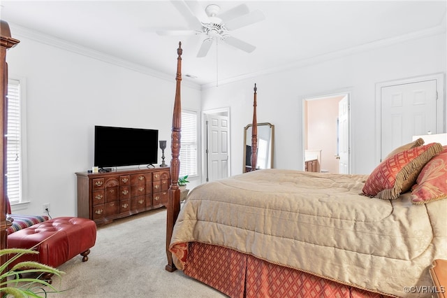 138 Carriage Point Ln, Glen Allen, VA 23059 - bedroom with carpet flooring, crown molding, a ceiling fan, and ensuite bathroom